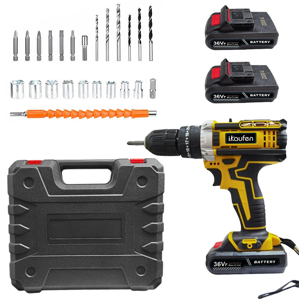 Cordless Drill: Multifunctional 21V rechargeable impact drill lithium battery cross-border flashlight gun drill electric screwdriver electric dr