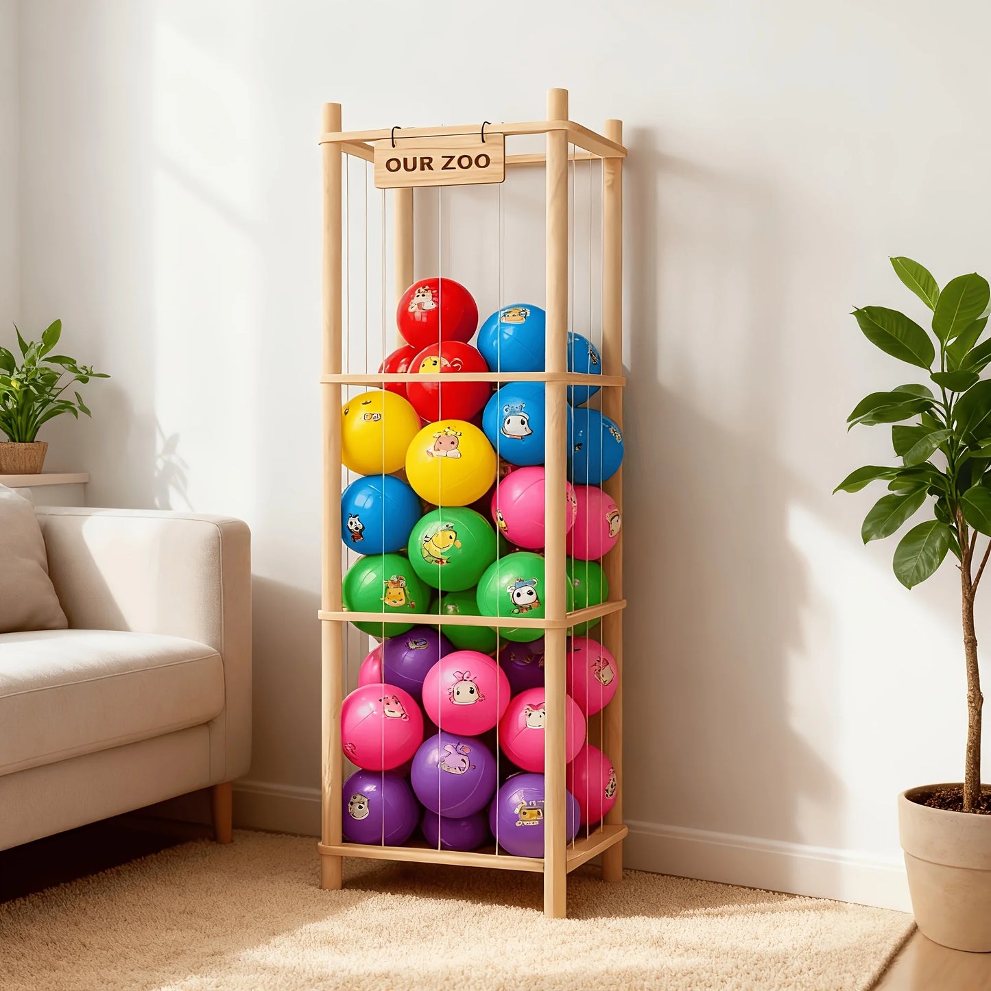 Stuffed Animal Storage Zoo, Wooden Stuffed Animal Organizer with Elastic Cords for Boys Girls, Space Saving Toy Plushies Storage Holder for Playroom, Bedroom, Living Room