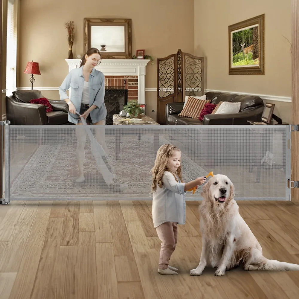 120inch Extra Wide Baby Safe Doorways Retractable Baby Gate Baby Safety Gate For Stairs Doorway Indoor Metal Dog Gate Balck Grey