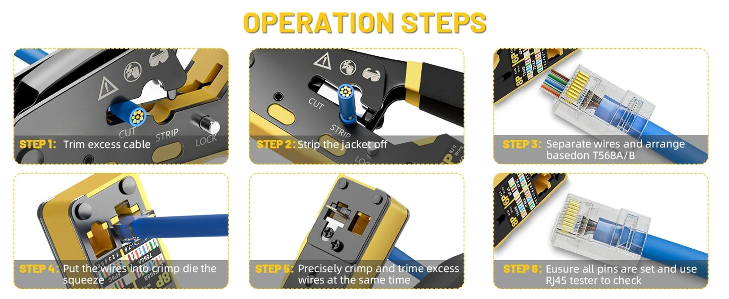 RJ45 Crimp Tool Kit All-in-One Ethernet Crimper Cat7 Cat6 Cat5 Crimping Tool with Network Cable Tester, 50-Pack Cat6 RJ45 Pass Through Connector, 50-Pack Connector Boots