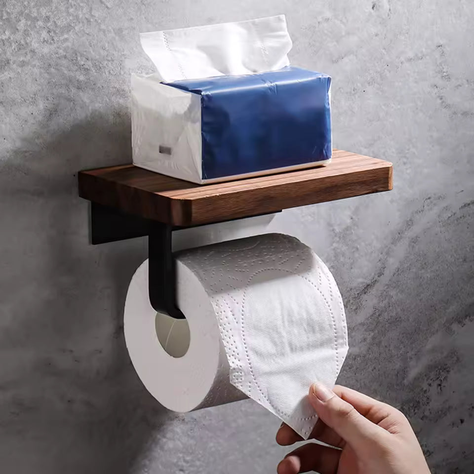(1-Pack) Toilet Paper Holder Matte Black with Natural Walnut Wooden Shelf Tissue Roll Holder for Bathroom Organization and Storage Single Post Toilet Tissue Holder Wall Bathroom Accessories