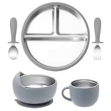 5PCS Baby Feeding Set | Stainless Steel Suction Plates and Bowls with Silicone Fork and Spoon Utensils | Baby Led Weaning Tableware for Toddlers & Kids