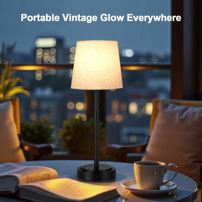 Cordless Table Lamps Set of 2 – Battery Operated Lamp with 5200mAh Rechargeable Battery, Stepless Dimmable Black Lamps with Beige Shade, Wireless Lamps for Dining Room & Nightstand (Bulbs Included)