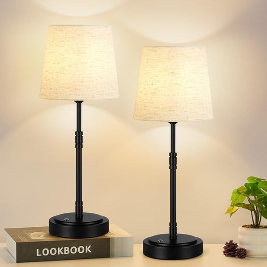 Cordless Table Lamps Set of 2 – Battery Operated Lamp with 5200mAh Rechargeable Battery, Stepless Dimmable Black Lamps with Beige Shade, Wireless Lamps for Dining Room & Nightstand (Bulbs Included)