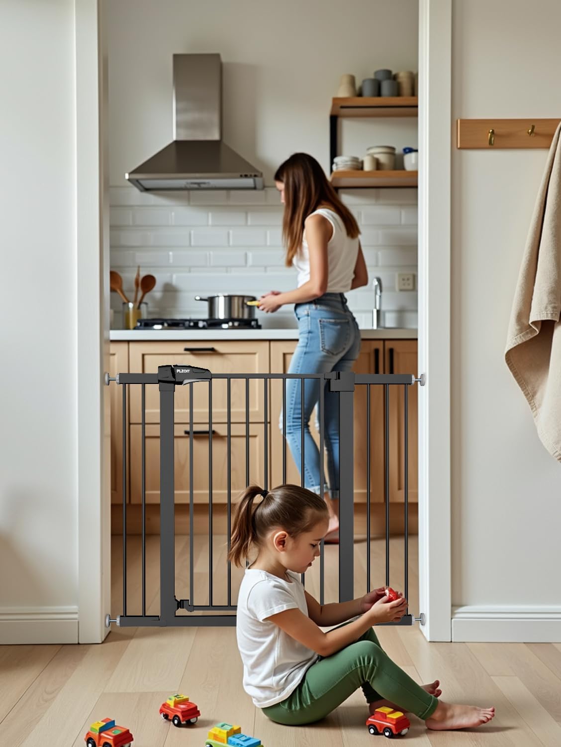 30" Extra Tall Baby Gate for Stairs, Dog Gate for Doorways, Walk Thru Auto Close Metal Child Gate for The House, Stairs and Doorways, Pet Gate Pressure Mounted Dog Gate Indoor