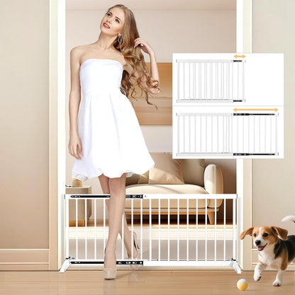 White Metal Dog Gate for Small Dogs - Short Freestanding Puppy Gate with Retractable Sliding Rail, No Installation, Indoor/Outdoor Use, Foldable & Portable Pet Barrier
