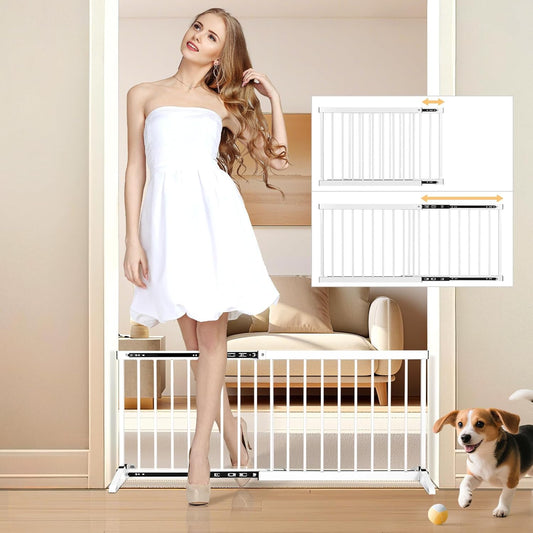 White Metal Dog Gate for Small Dogs - Short Freestanding Puppy Gate with Retractable Sliding Rail, No Installation, Indoor/Outdoor Use, Foldable & Portable Pet Barrier