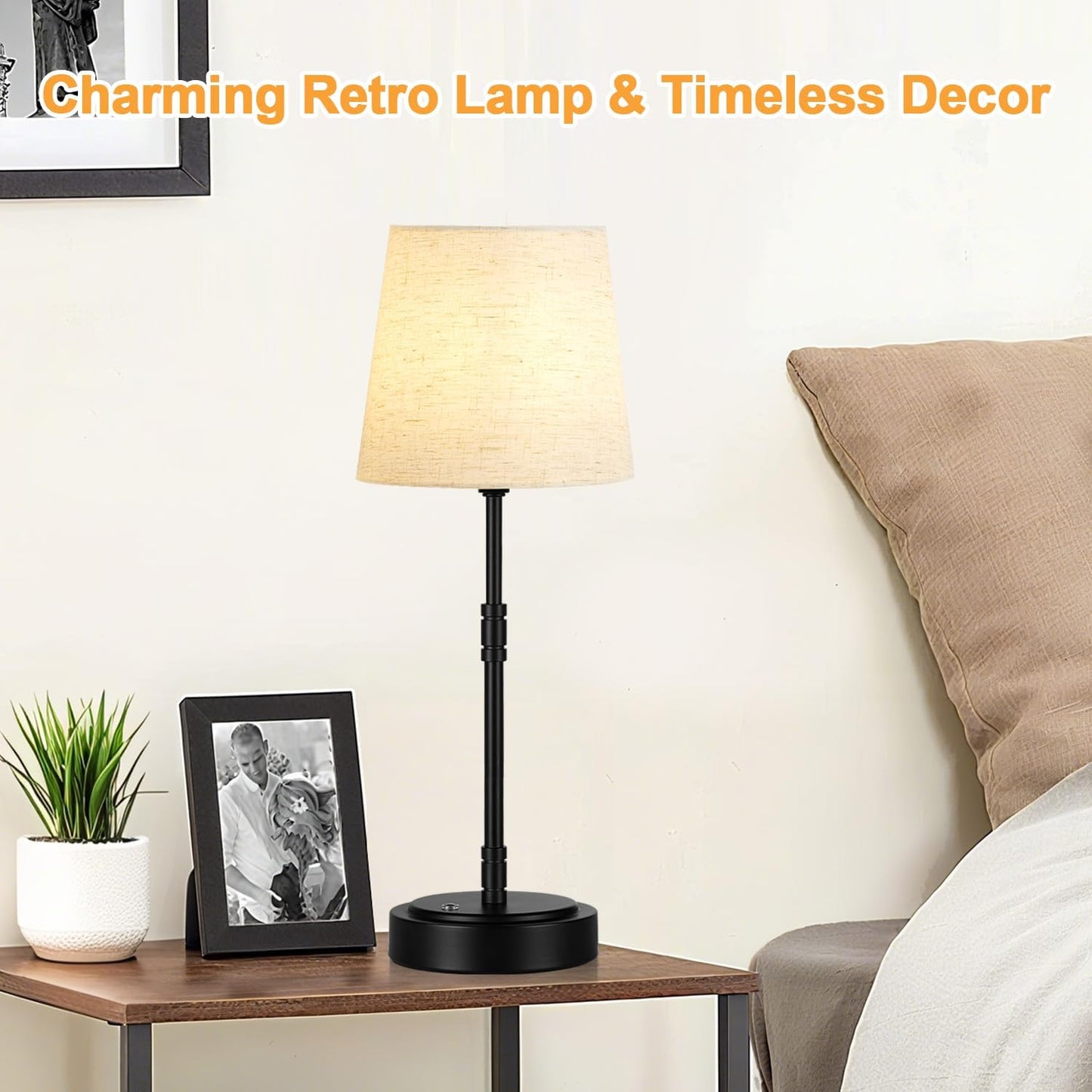 Cordless Table Lamps Set of 2 – Battery Operated Lamp with 5200mAh Rechargeable Battery, Stepless Dimmable Black Lamps with Beige Shade, Wireless Lamps for Dining Room & Nightstand (Bulbs Included)