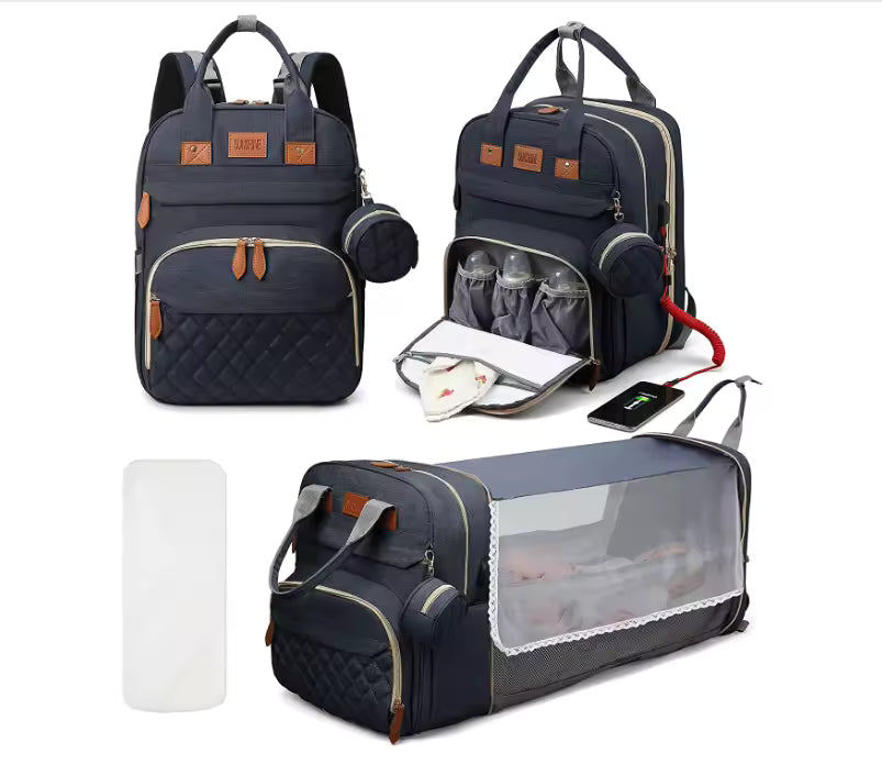 Diaper Bag Backpack  Foldable Baby Bed Waterproof Travel Bag with USB Charge Diaper Bag Backpack with Changing Bed 3 types