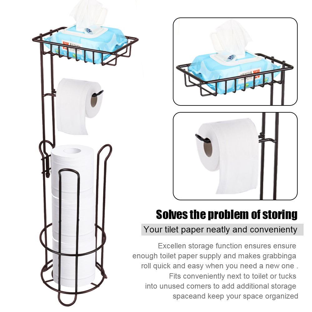 Toilet Paper Holder Upgraded Toilet Paper Stand with 4 Raised Feet Metal Free Standing Tissue Paper Roll Dispenser with Storage Shelf Sturdy Bathroom Accessories