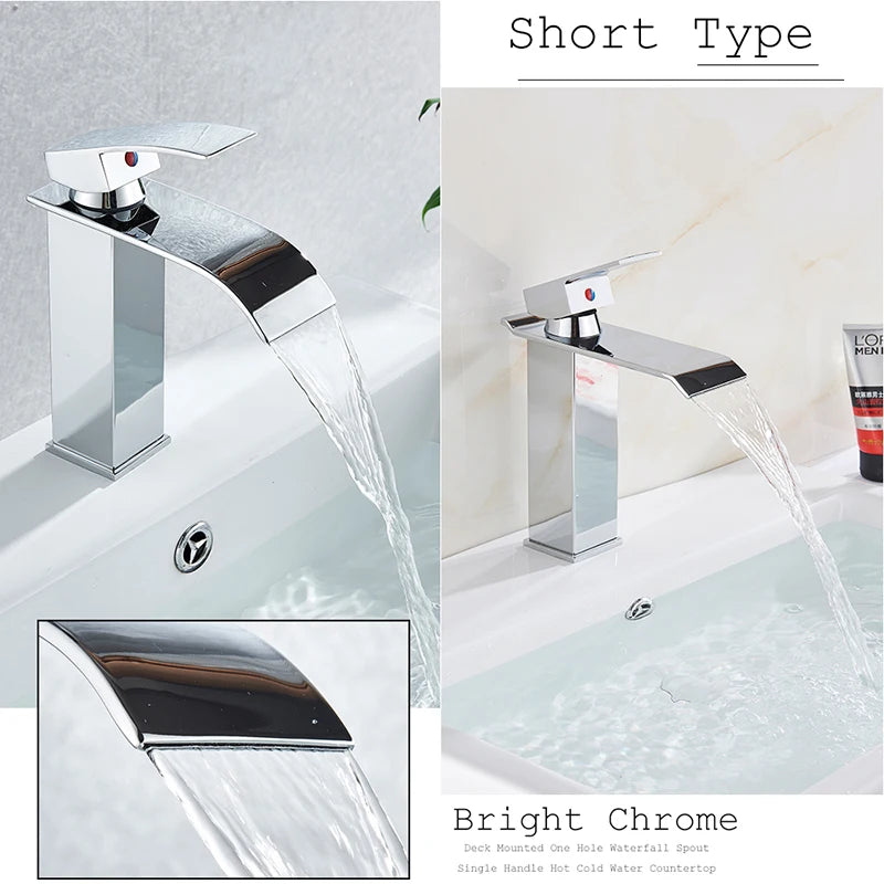 Chrome Vessel Sink Faucet, Tall Waterfall Bathroom Faucet Deck Mounted Bathroom Basin Faucet Waterfall Vanity Sink Hot and Cold Water Mixer Tap,Chrome,Black, Color