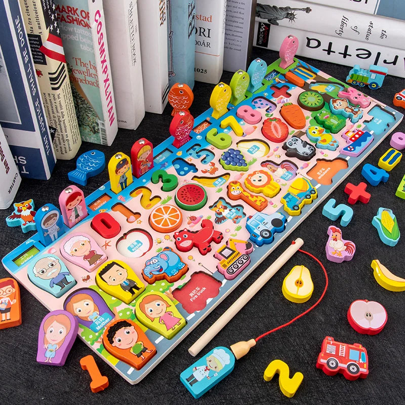 3D Preschool Children Educational Toys Wooden Montessori Arithmetic Magnetic Fishing Digital Shape Matching Building Block Toys
