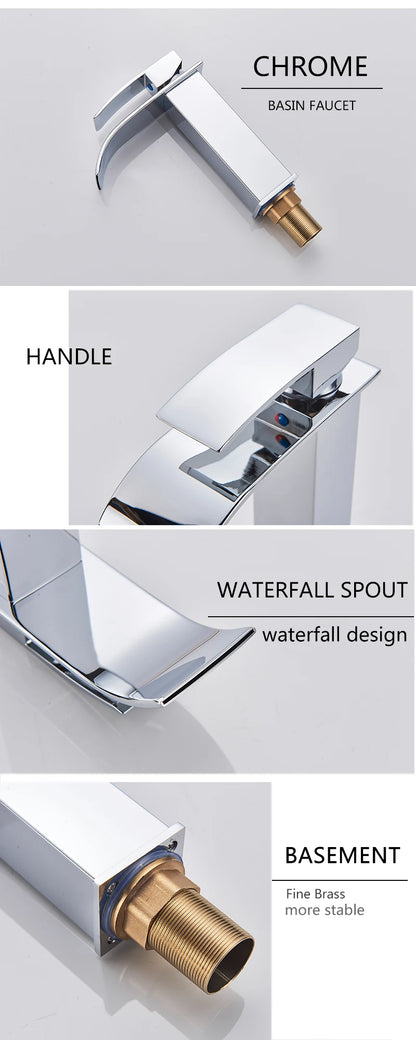 Chrome Vessel Sink Faucet, Tall Waterfall Bathroom Faucet Deck Mounted Bathroom Basin Faucet Waterfall Vanity Sink Hot and Cold Water Mixer Tap,Chrome,Black, Color
