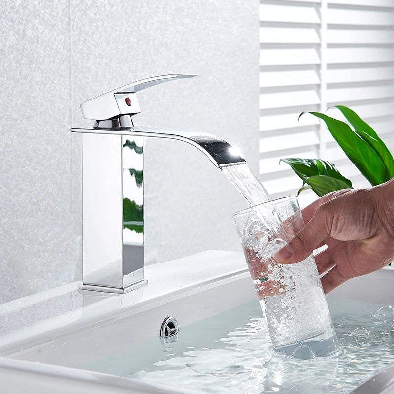 Chrome Vessel Sink Faucet, Tall Waterfall Bathroom Faucet Deck Mounted Bathroom Basin Faucet Waterfall Vanity Sink Hot and Cold Water Mixer Tap,Chrome,Black, Color