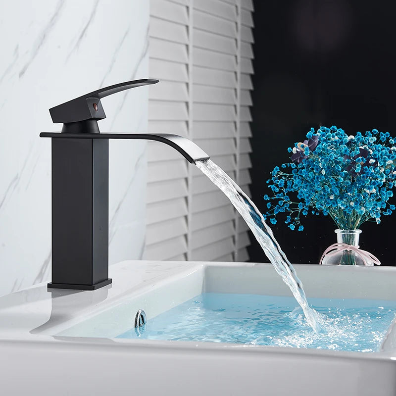 Chrome Vessel Sink Faucet, Tall Waterfall Bathroom Faucet Deck Mounted Bathroom Basin Faucet Waterfall Vanity Sink Hot and Cold Water Mixer Tap,Chrome,Black, Color
