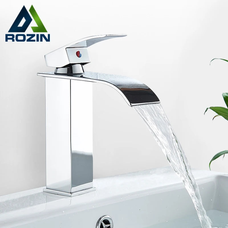 Chrome Vessel Sink Faucet, Tall Waterfall Bathroom Faucet Deck Mounted Bathroom Basin Faucet Waterfall Vanity Sink Hot and Cold Water Mixer Tap,Chrome,Black, Color