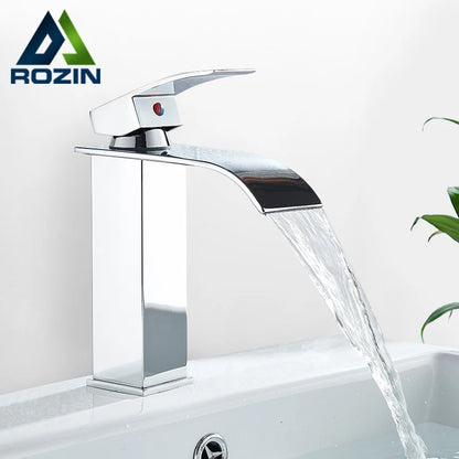 Chrome Vessel Sink Faucet, Tall Waterfall Bathroom Faucet Deck Mounted Bathroom Basin Faucet Waterfall Vanity Sink Hot and Cold Water Mixer Tap,Chrome,Black, Color