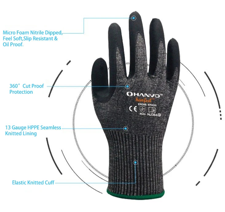 ANSI A4 Cut Resistant Work Gloves with Extreme Lightweight & Thin HPPE Micro Foam Nitrile Maxi High Flex Proof Glass Handling Butcher Safety Gloves