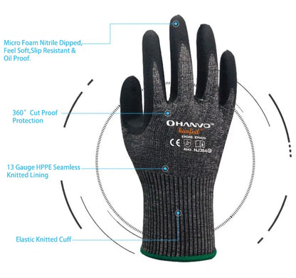 ANSI A4 Cut Resistant Work Gloves with Extreme Lightweight & Thin HPPE Micro Foam Nitrile Maxi High Flex Proof Glass Handling Butcher Safety Gloves