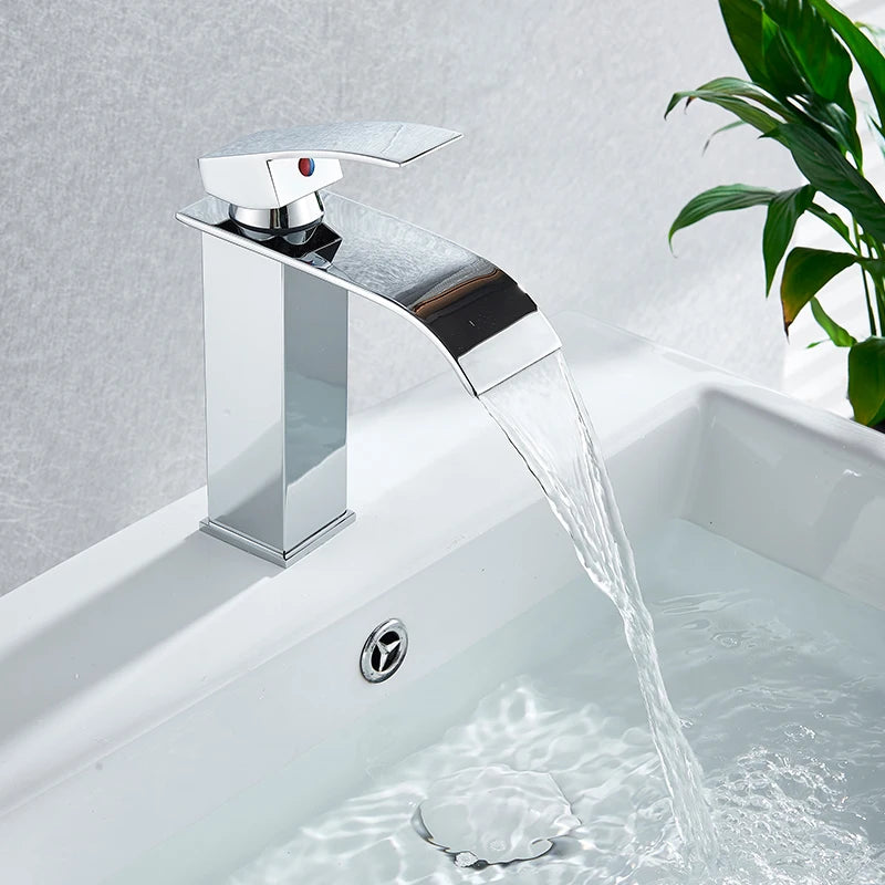 Chrome Vessel Sink Faucet, Tall Waterfall Bathroom Faucet Deck Mounted Bathroom Basin Faucet Waterfall Vanity Sink Hot and Cold Water Mixer Tap,Chrome,Black, Color
