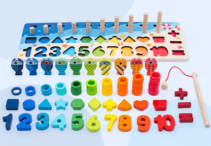 3D Preschool Children Educational Toys Wooden Montessori Arithmetic Magnetic Fishing Digital Shape Matching Building Block Toys
