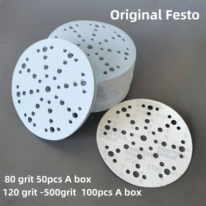 6-Inch 49-Hole 320 Grit Sanding Discs - Heavy-Duty Hook & Loop Film Discs - Sandpaper for Random Orbital Sanders - 50 Pack Box