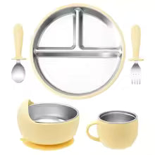 5PCS Baby Feeding Set | Stainless Steel Suction Plates and Bowls with Silicone Fork and Spoon Utensils | Baby Led Weaning Tableware for Toddlers & Kids