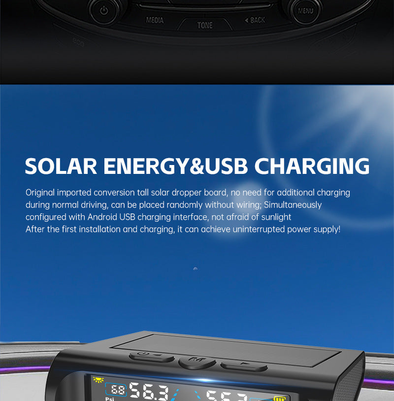 T121 USB/Solar TPMS Car Tyre Monitor with 4 External Temperature Sensors Digital LCD Display 0-6.8Bar Tire Pressure Gauge