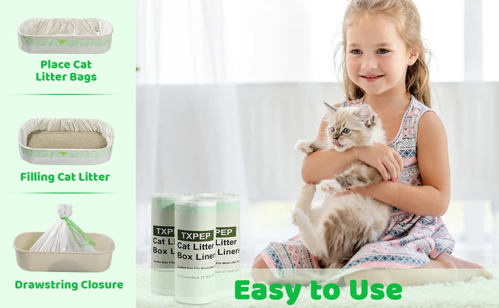 Heavy Duty Extra Thick Litter Pan Liners,Jumbo Drawstring Cat Litter Bags,Large Litter Box Liners 37x18inch 1/2/5 Rolls