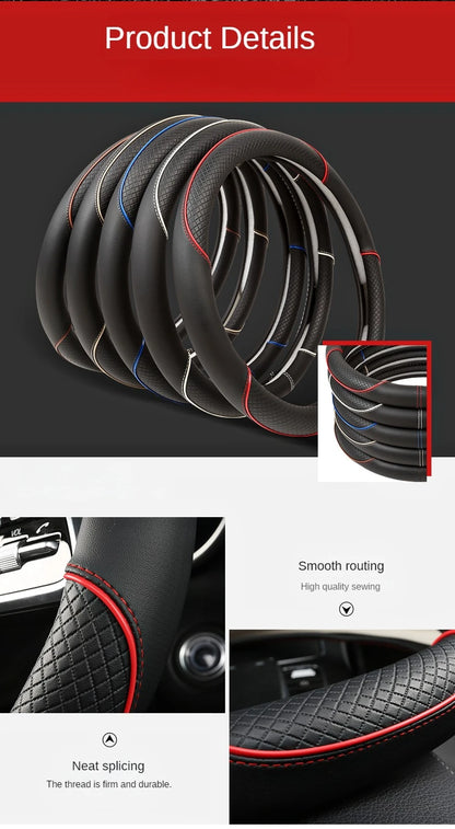 All Seasons Leather Diamond Steering Wheel Cover Universal Fit for 14 .5-15 Inch Durable Leather Cover Anti-Slip Veins Design