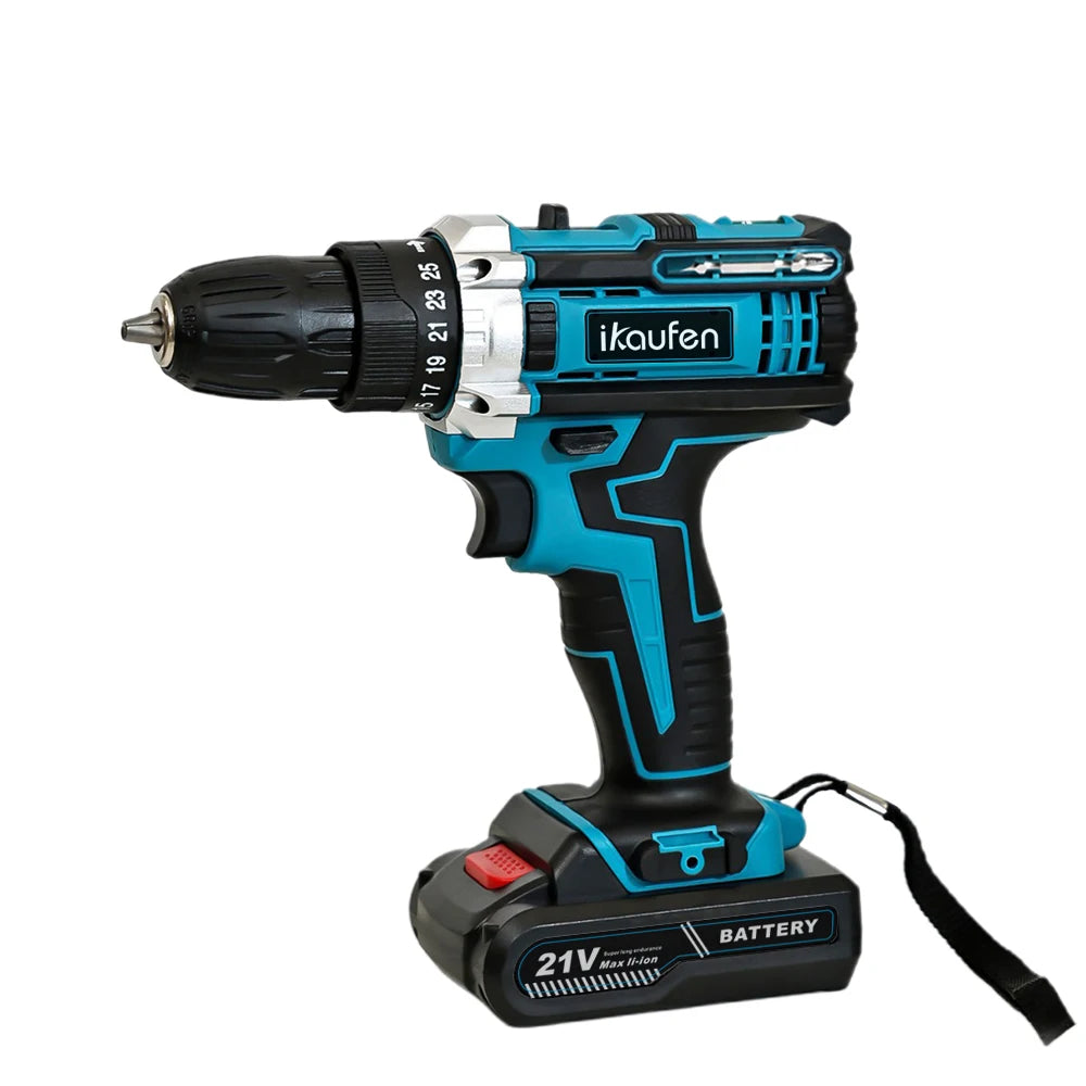 Cordless Drill: Multifunctional 21V rechargeable impact drill lithium battery cross-border flashlight gun drill electric screwdriver electric dr