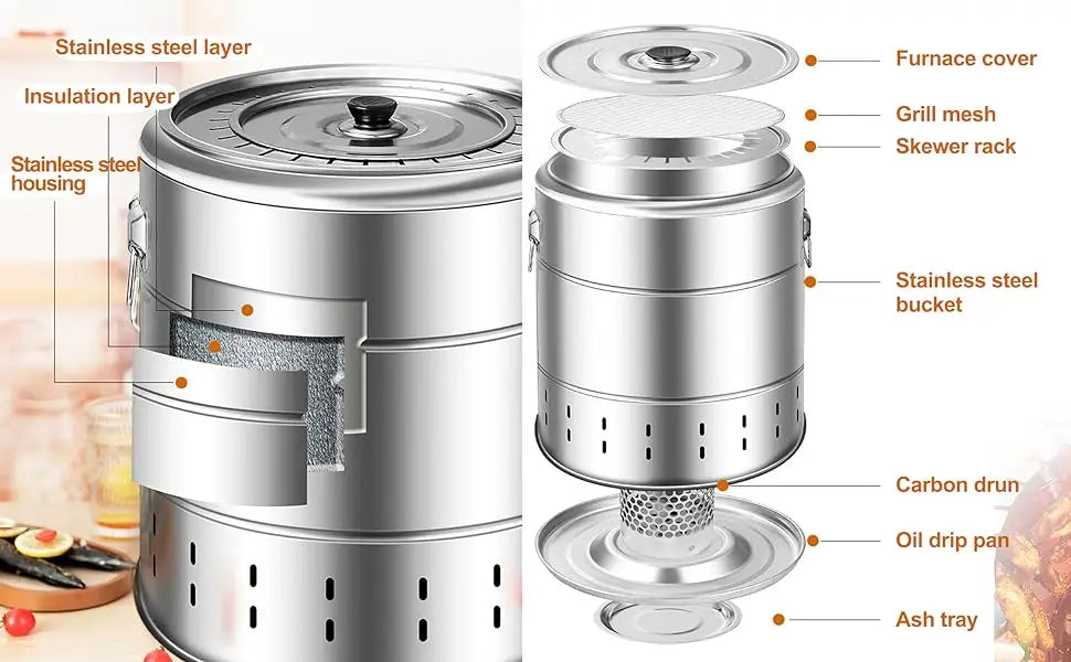 Stainless Steel Wrap-around Grill Charcoal Grill Smokeless Grill Cooking Grate Portable Camping Oven Household Barbecue Tools