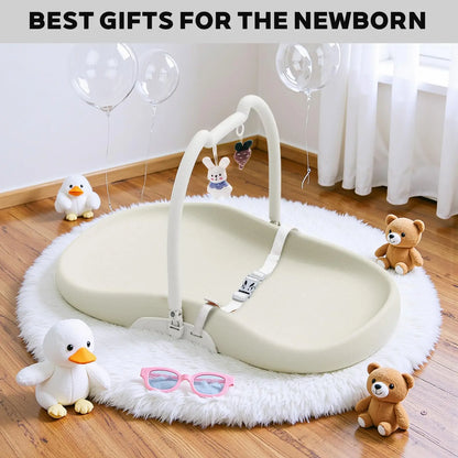Baby Changing Mat with Safety Harness and Cat Ear Toys Shelf, Anti Roll Wedge Baby Changing Pad, Easy Wipe Clean Waterproof