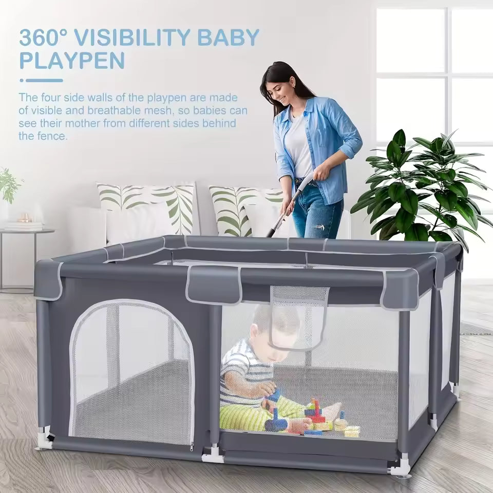 Uanlauo Beige Small Baby Playpen - 50x50in Playpen for Babies and Toddlers, Safe Indoor Play Pen, Baby Pen with Storage Bag and Breathable Mesh