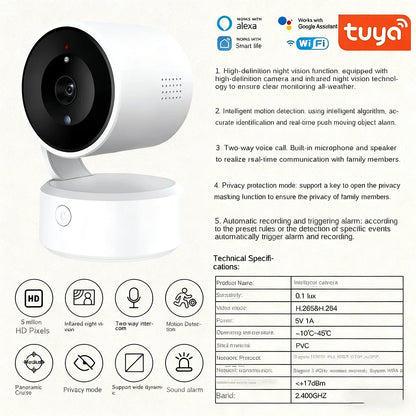 WIFI Tuya Camera Indoor 5MP Baby Monitor Two Way Talk 4X Zoom PTZ 360°  Surveillance Cameras Support Alexa Google Smart Life