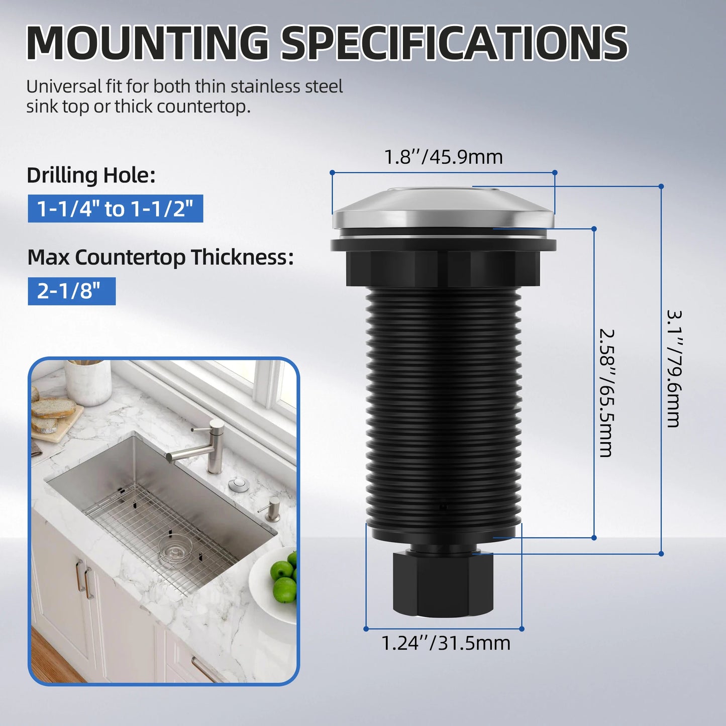 Garbage Disposal Air Switch Kit - Professional Garbage Disposal Button Kit Air Switch Garbage Disposal Brushed Stainless Steel Long Button Sink Top Switch with 16 AWG