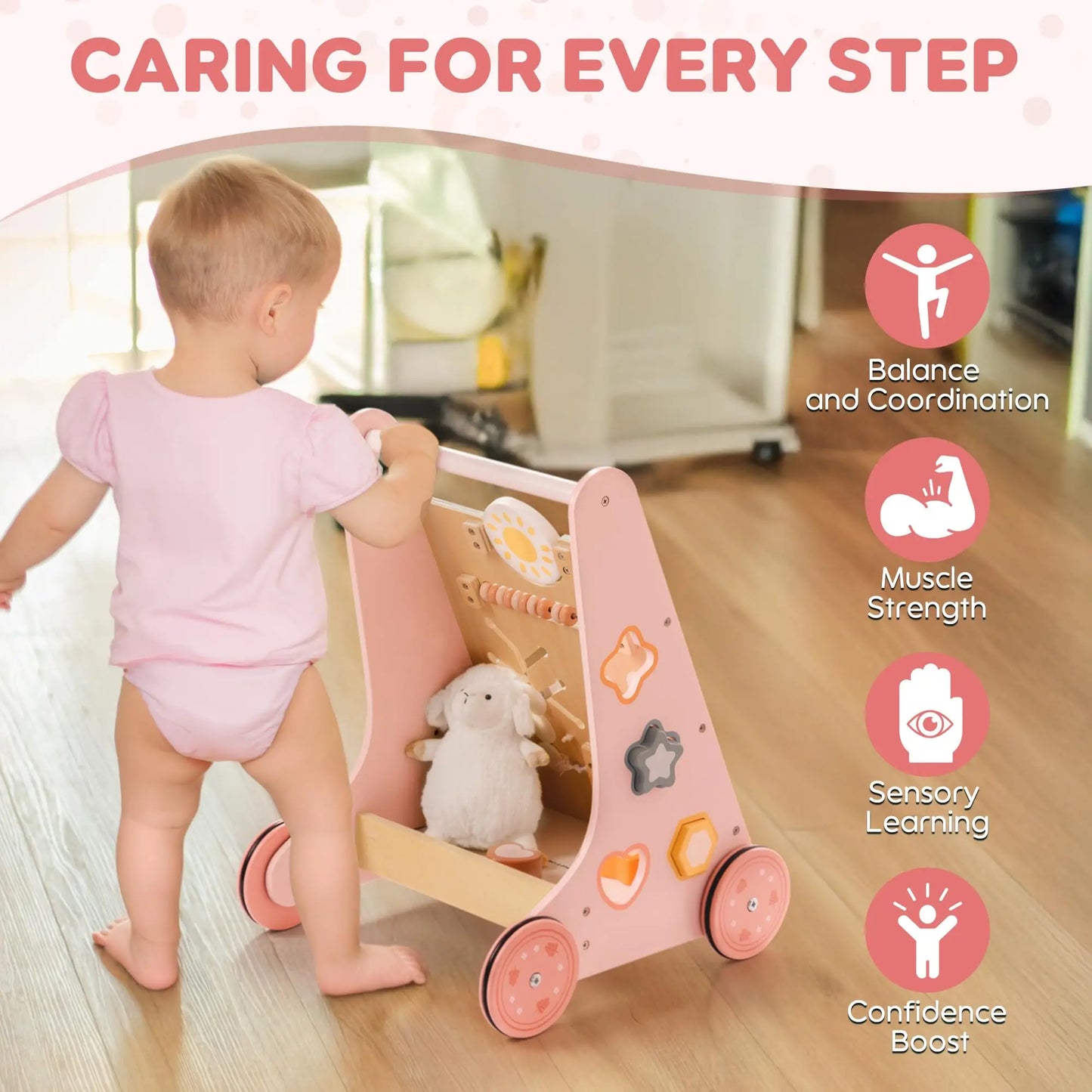ROBOTIME ROBUD Wooden Baby Walker Baby Push Walker with Activity Center and Storage Montessori Walker Toy for Boys and Girls
