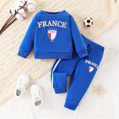 Two piece set of baby boy sports and leisure English letter printed round neck long sleeved top and pants set