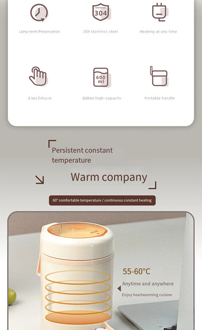 304 Stainless Steel USB Constant Temperature Breakfast Cup Plugable Soup Cup Long-lasting Insulation for Students Only