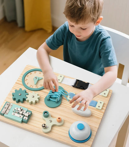 Montessori Busy Board for Toddlers Wooden Activity Sensory Board for Fine Motor Skills Travel Educational Learning Toys for Kid