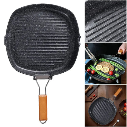 Foldable Portable Frying Pan Picnic Grill Pan Anti-scald Wooden Handle Outdoor Grill Pan Double Mouth Steak Pan(No Lid)