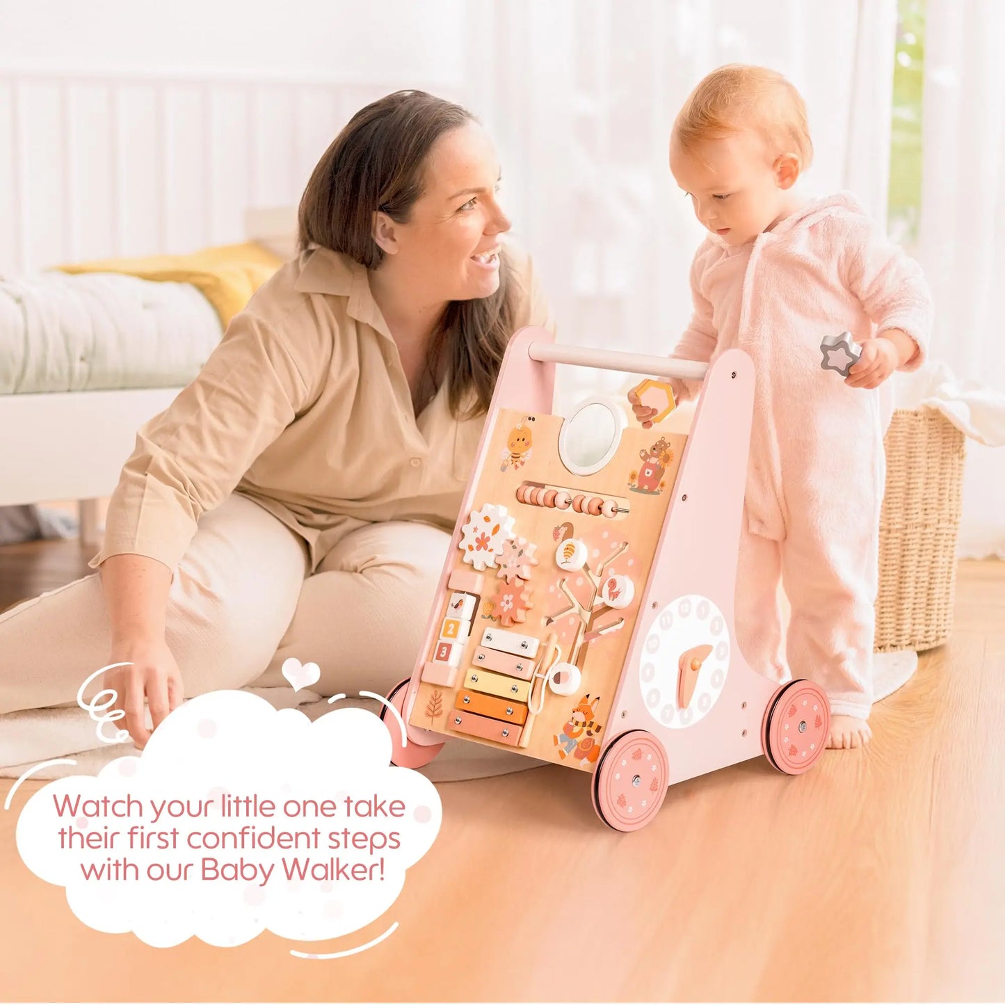 ROBOTIME ROBUD Wooden Baby Walker Baby Push Walker with Activity Center and Storage Montessori Walker Toy for Boys and Girls