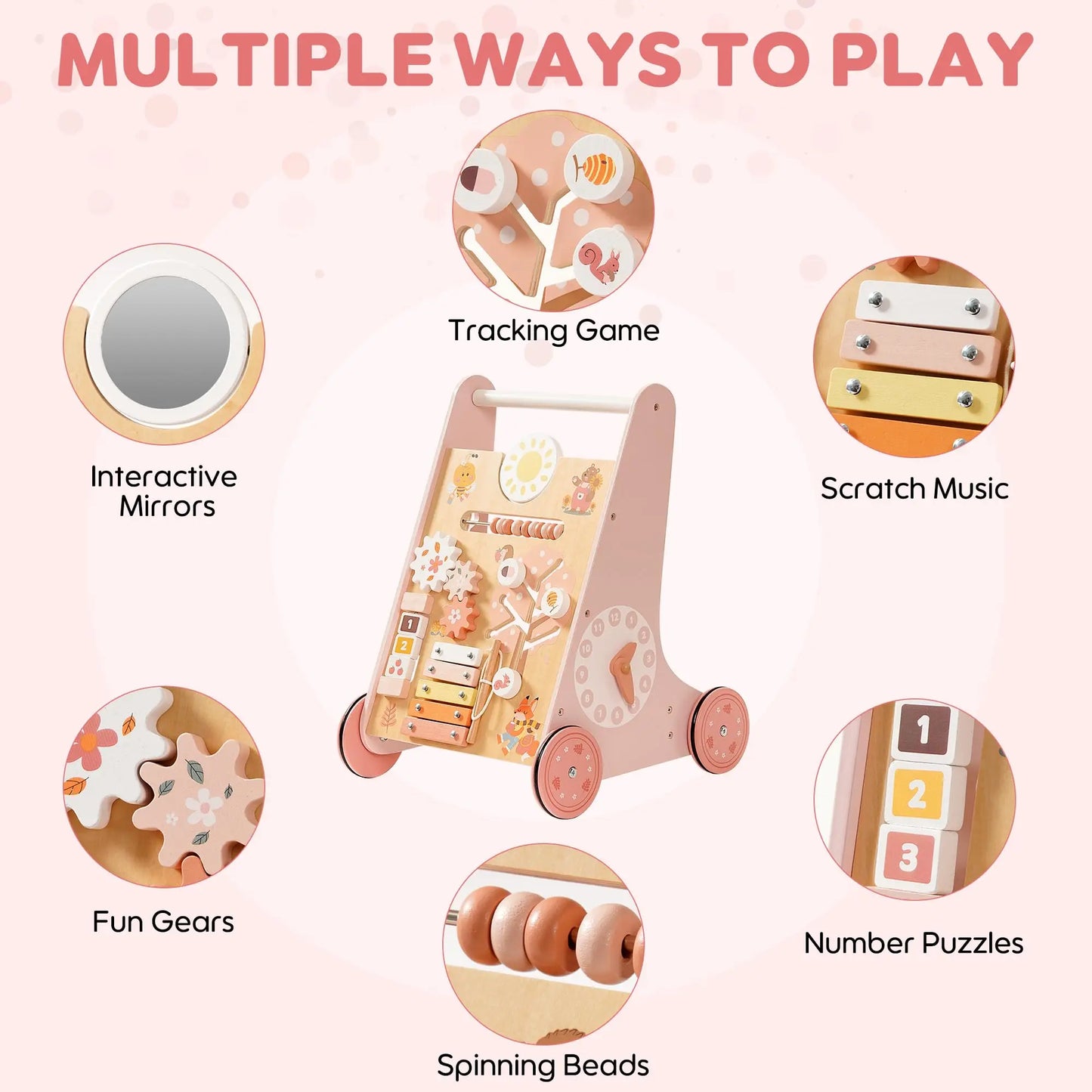 ROBOTIME ROBUD Wooden Baby Walker Baby Push Walker with Activity Center and Storage Montessori Walker Toy for Boys and Girls