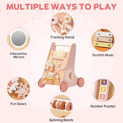 ROBOTIME ROBUD Wooden Baby Walker Baby Push Walker with Activity Center and Storage Montessori Walker Toy for Boys and Girls