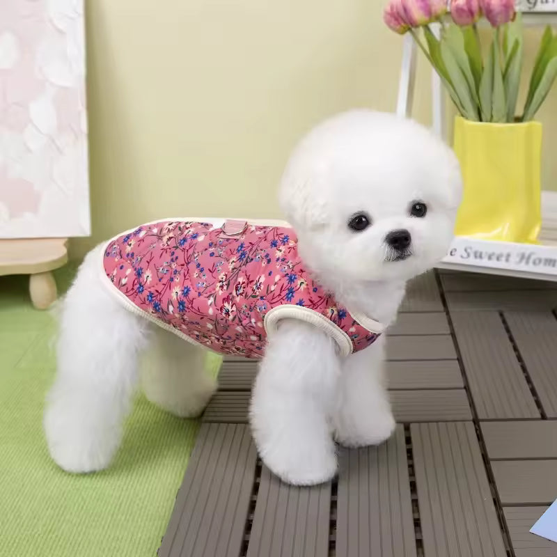 Dog Winter Jacket Dog Costume Navy Pink Sleeveless Vest Jacket Warm Comfortable Floral Cotton Vest Small Dog