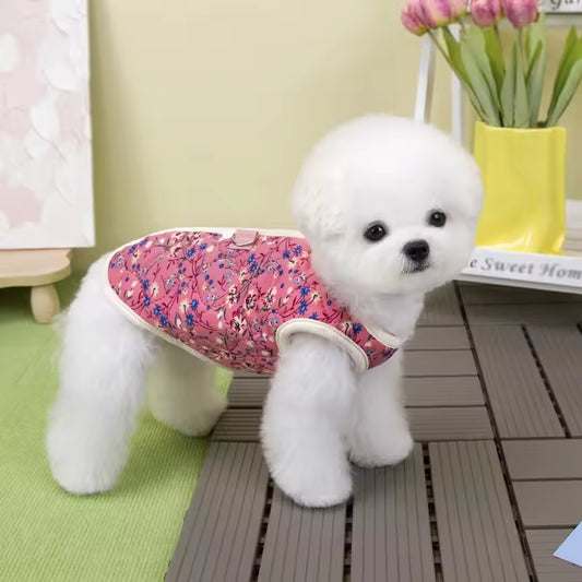Dog Winter Jacket Dog Costume Navy Pink Sleeveless Vest Jacket Warm Comfortable Floral Cotton Vest Small Dog