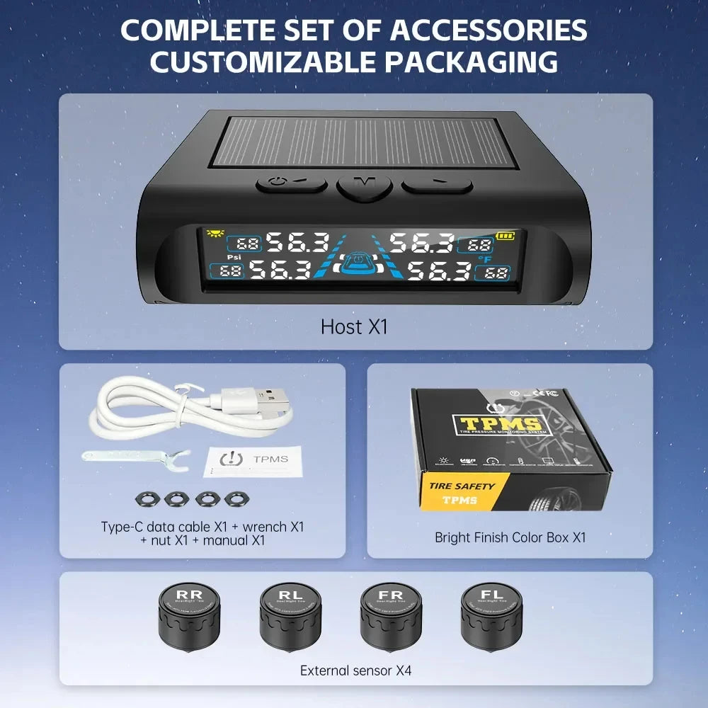 T121 USB/Solar TPMS Car Tyre Monitor with 4 External Temperature Sensors Digital LCD Display 0-6.8Bar Tire Pressure Gauge