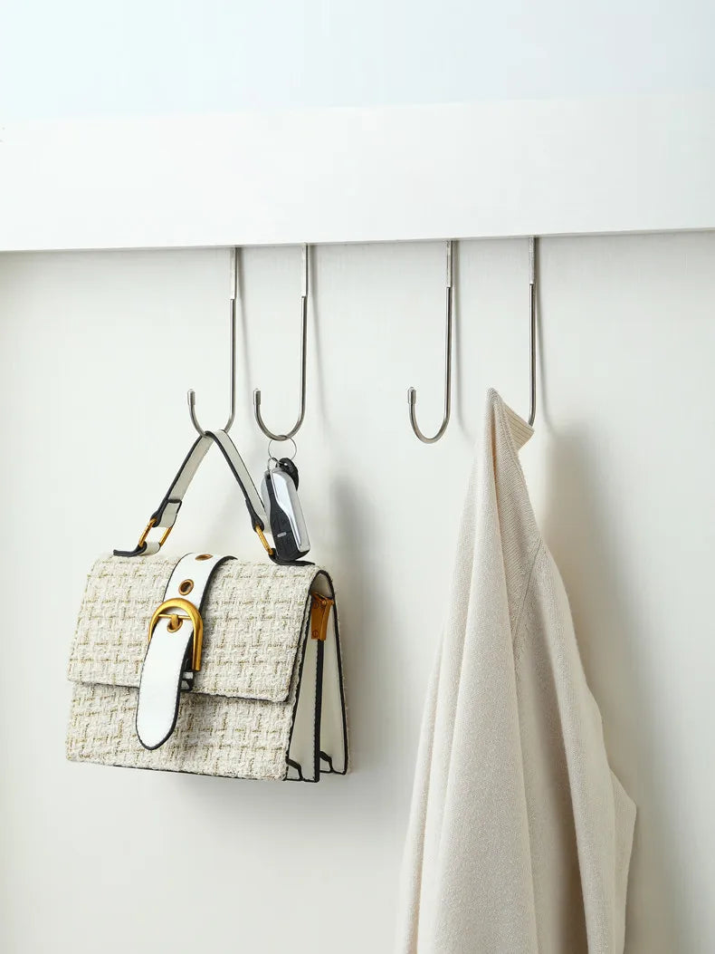 304 Stainless Steel Hook Free Punching Double S-Shape Hook Kitchen Bathroom Cabinet Door Silvery Type Coat Towel Storage Hanger