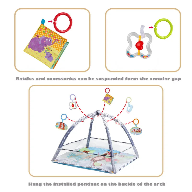Baby Gym Play Mat, 8-in-1 Tummy Time Mat & Ball Pit with 6 Toys, Washable Baby Activity Mat for Visual, Hearing, Sensory, Motor Development, Babies Gift for Newborn Infant 0-3-6-9-12 Months