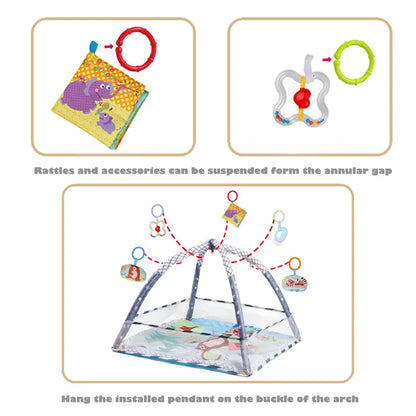 Baby Gym Play Mat, 8-in-1 Tummy Time Mat & Ball Pit with 6 Toys, Washable Baby Activity Mat for Visual, Hearing, Sensory, Motor Development, Babies Gift for Newborn Infant 0-3-6-9-12 Months